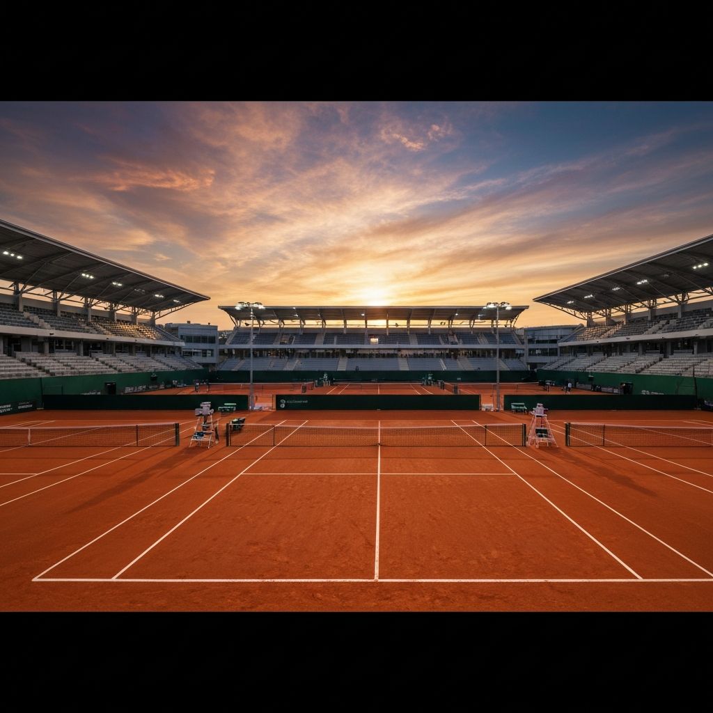 Championship tennis venue at sunset